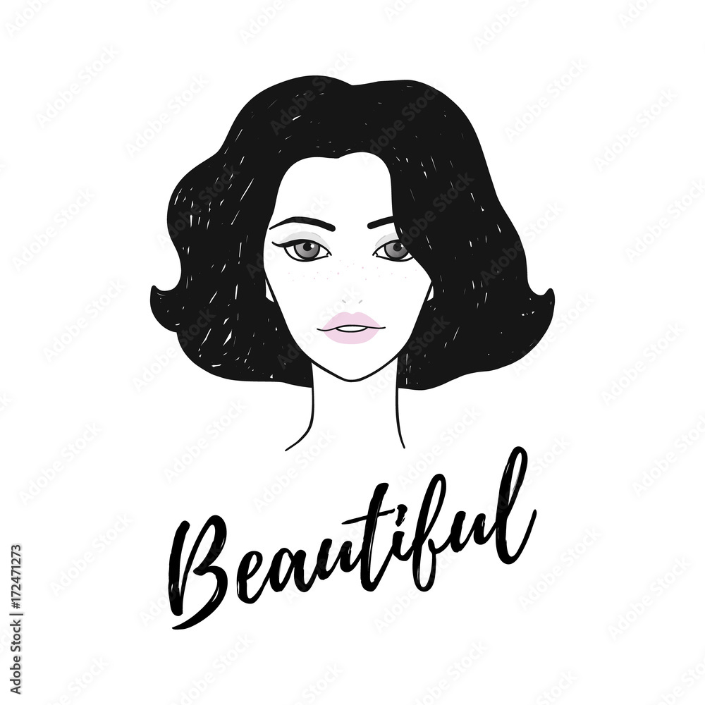 Young woman pretty face with Beautiful quote. Vector facial illustration of  women black hair style, beauty logo, cosmetic icon on white background,  poster, clothes print Stock Vector | Adobe Stock