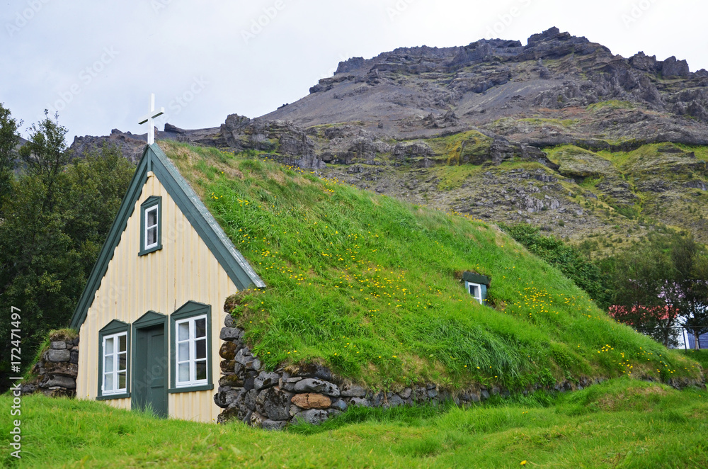 Hofskirkja turf church in southeast Iceland