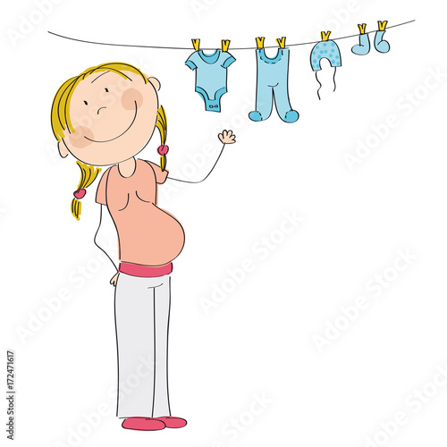 Happy pregnant woman hanging clothes for her unborn baby boy - original hand drawn illustration