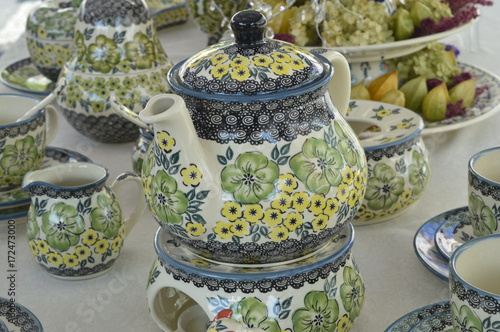 Colorful, handmade pottery produced in Boleslawiec, Poland
