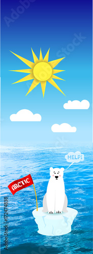 Polar bear sits on an iceberg. Arctic. The bear asks for help. Global warming. Melting glaciers. Ecology. Vector. EPS10.