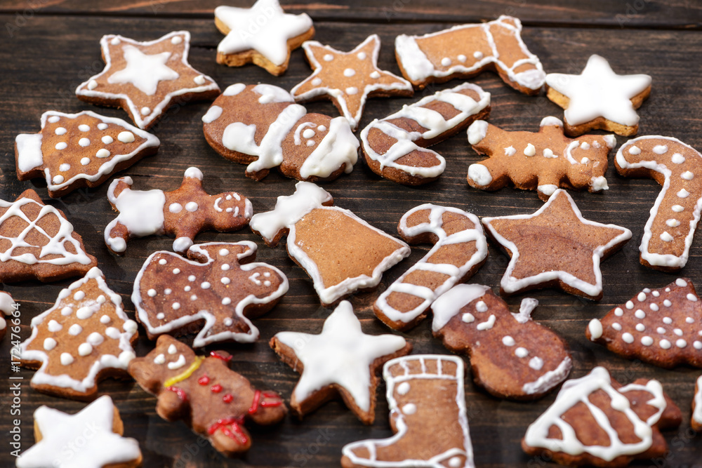 Gingerbread cookies on a wooden background