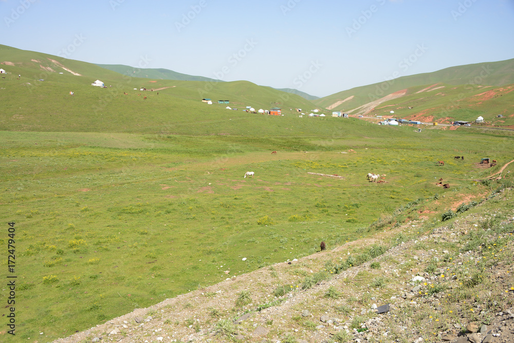 Beautiful mountain landscape with white Yurts and horses near Chyyyrchyk Pass, Kyrgyzstan Beautiful mountain landscape with white Yurts and horses near Chyyyrchyk Pass, Kyrgyzstan