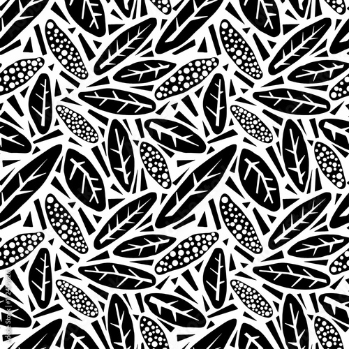 Seamless autumn leaves pattern,trendy print in collage cut out, carve style.Hand drawn doodle texture.