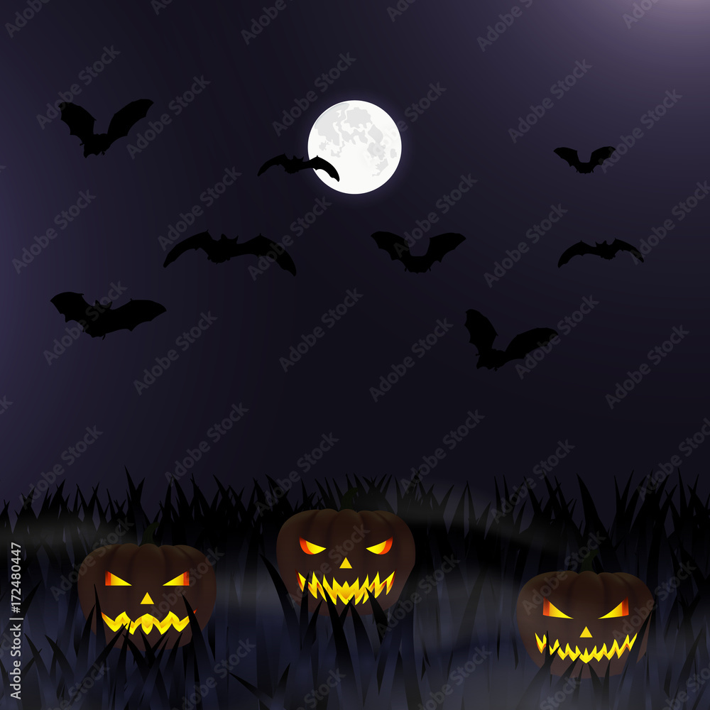 Halloween pumpkins and dark castle on blue Moon background, illustration.