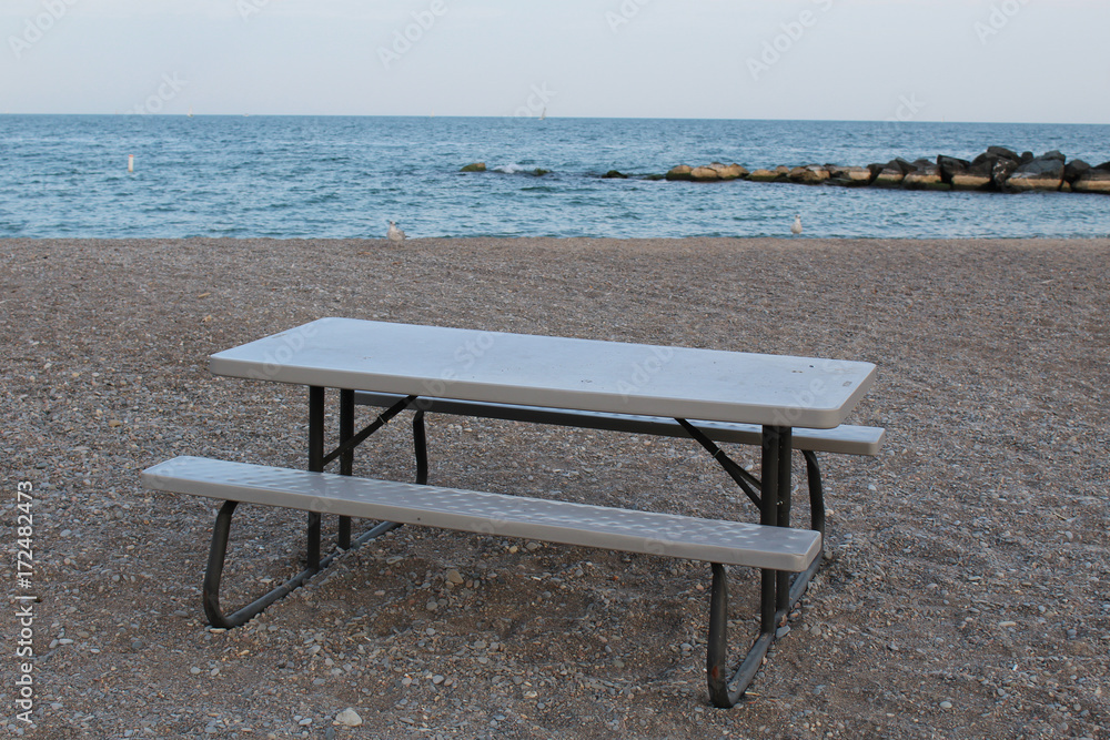 Picnic bench on the lakeshore