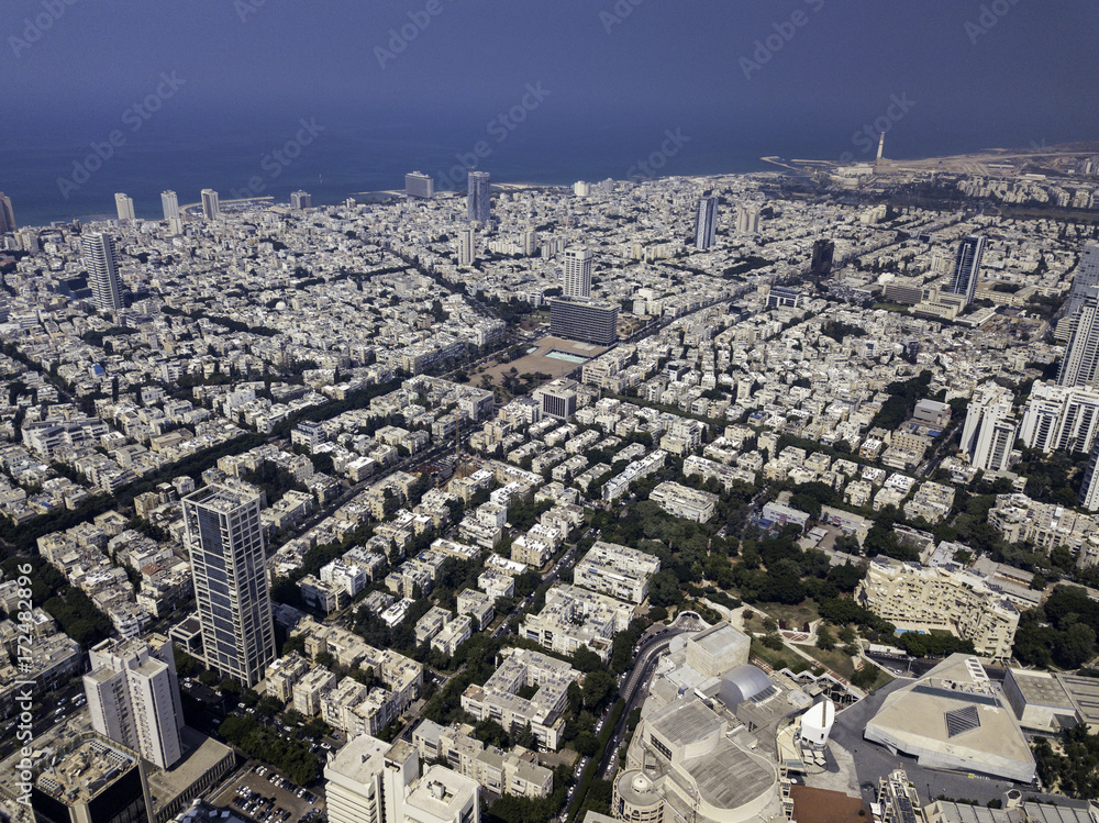 TEL AVIV, ISRAEL Cityscape with towers of Azrieli Center and Sarona area in Tel Aviv, . Azrieli center is the main landmark of Tel Aviv. Old and New Architecture in Tel Aviv - Old and modern bui