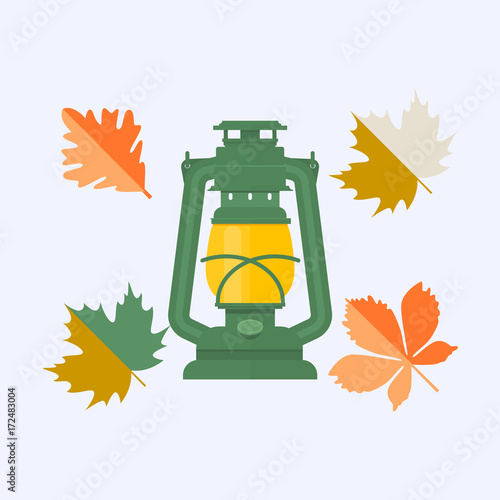 Color autumn leaves. and Vintage camping lantern isolated on white background.Vector illustration photo