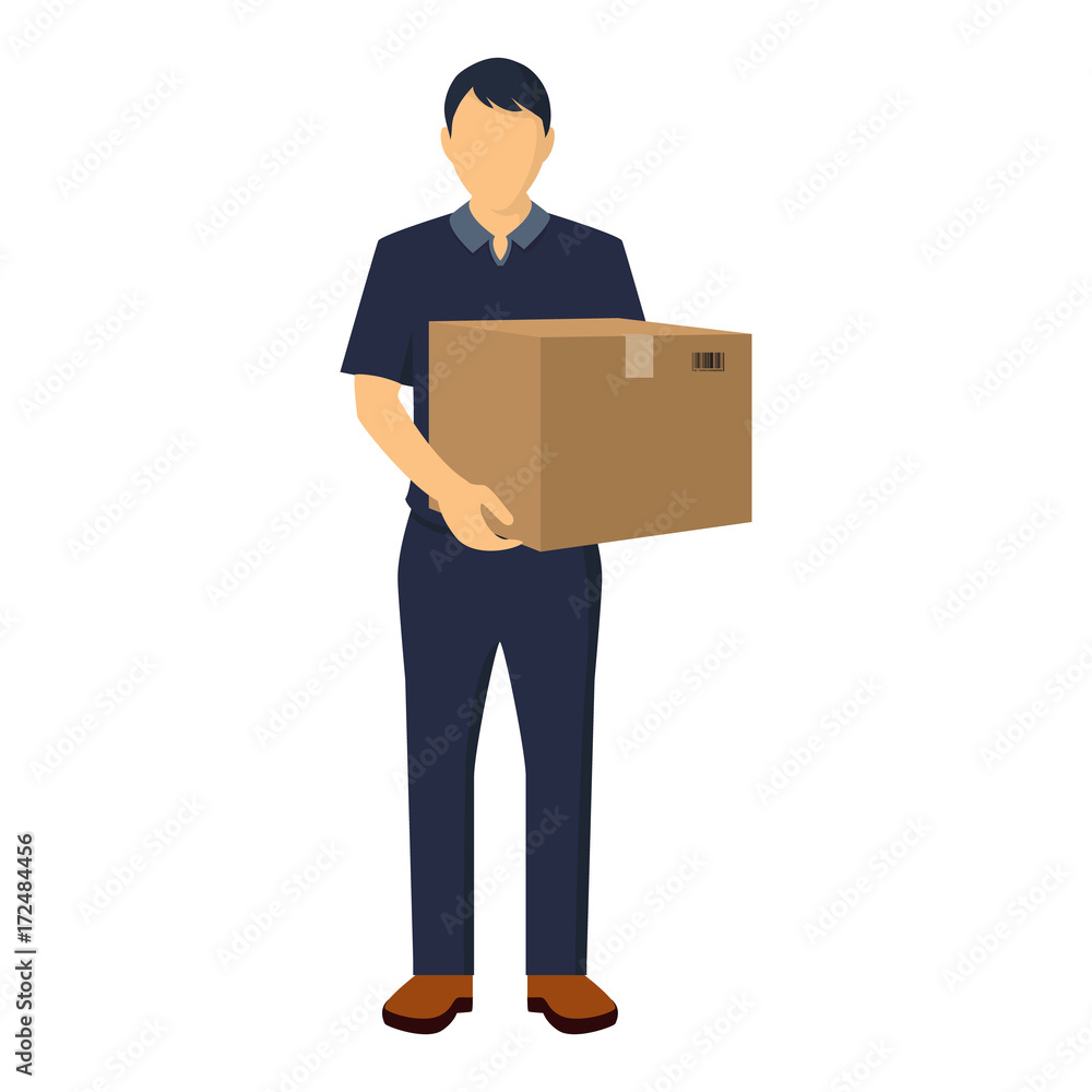Delivery Service Worker Holding Box, Delivery man in blue uniform. Delivery man vector . Flat illustration. Delivering Packages Illustration Delivery Service Worker Holding Box, Delivery man in blue uniform. Delivery man vector . Flat illustration. Delivering Packages Illustration