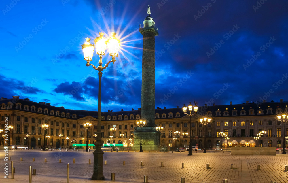 The Vendome column , the Place Vendome at night, Paris, France.