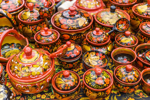 Russian wooden utensils. Khokhloma or Hohloma, traditional Russian handmade souvenir