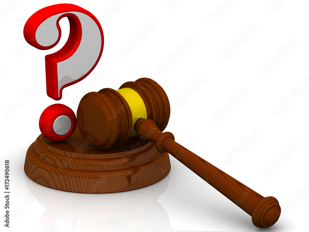 Legal issues. Judge's hammer and red question mark on white surface