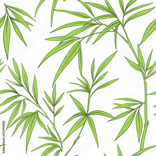Seamless pattern with bamboo leaves and branches in Japanese sty