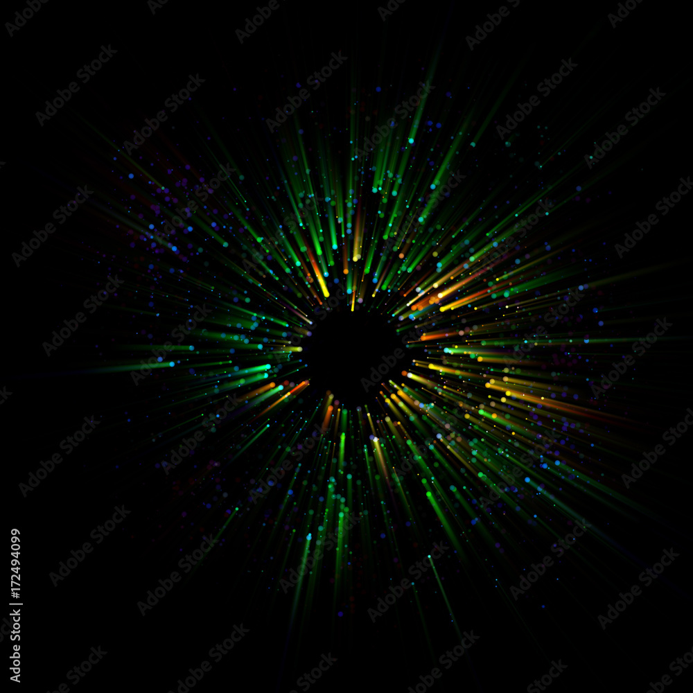Fototapeta premium Abstract spacescape, black hole. Star on dark background. Magic explosion star with particles. Speed of light. Motion blur. Journey to the universe. Lights trail using zoom. light warp speed. Nebula