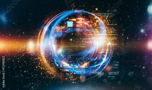 Abstract background. 3d atom model. Elegant glowing circle. Light ring.  Sparking particle. Space tunnel. Colorful ellipse. Glint sphere. Magic portal. Energy ball. 