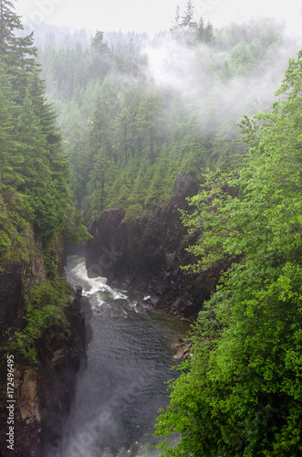 River at the Bottom of a Deep Canyon on a Rainy and Foggy Day. North Vancouver, BC, Canada.