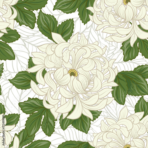 Seamless pattern with white chrysanthemum in Japanese style. Vec