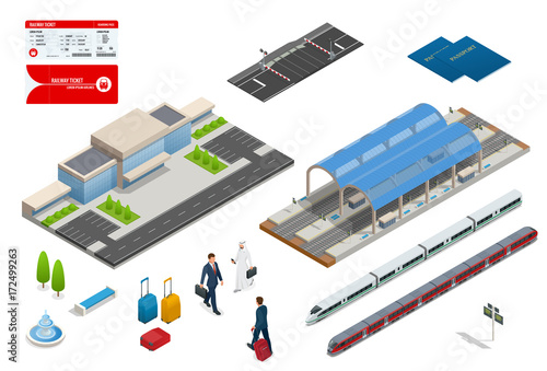 Vector isometric set railroad objects, buildings, plants, cars, road paths and other urban items and elements. Subway train collection. Vehicles designed to carry large numbers of passengers.