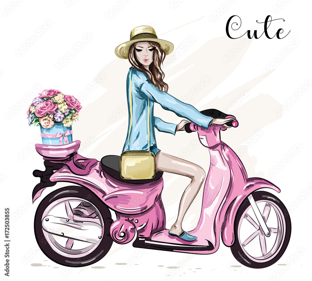Beautiful young girl in hat with cute pink scooter. Girl scooter with