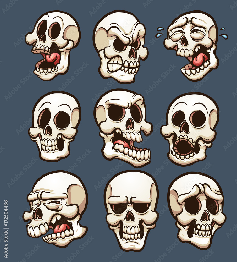 Cartoon skulls with different emotions. Vector clip art illustration with simple gradients. Each on a separate layer. Cartoon skulls with different emotions. Vector clip art illustration with simple gradients. Each on a separate layer.