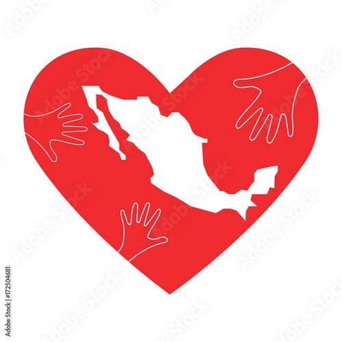 Vector Illustration: helping hands, heart and Mexico map silhouette. Great as donate, love or helping hand icon. Support for volunteering work and relief after Earthquake in Mexico city.