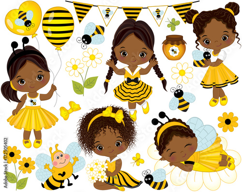 Vector Little African American Girls, Bees, Honey, Balloons and Flowers
