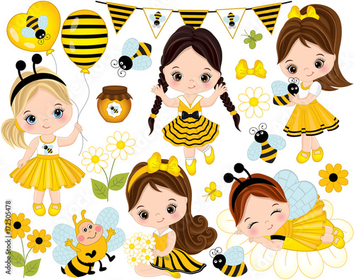 Vector Cute Little Girls, Bees, Honey, Balloons and Flowers