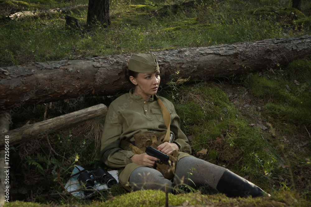 Fototapeta premium Woman in uniform of the Red Army of the Second World War.