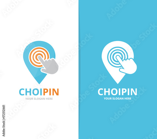Vector of map pointer and click logo combination. GPS locator and cursor symbol or icon. Unique pin and digital logotype design template.