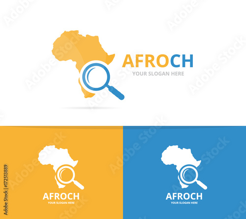 Vector africa and loupe logo combination. Safari and magnifying symbol or icon. Unique geography, continent and search logotype design template.