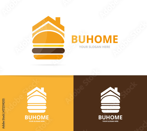 Vector burger and real estate logo combination. Hamburger and house symbol or icon. Unique fastfood and rent logotype design template.