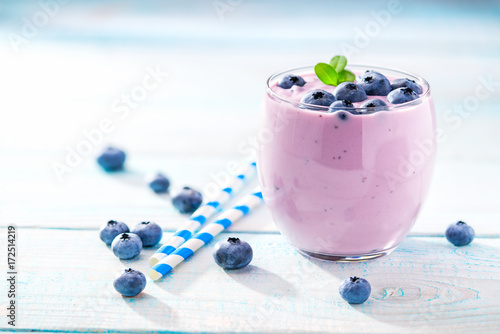 Fresh blueberry smoothies in the glass