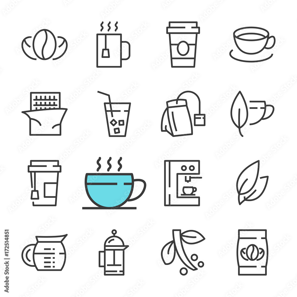 Vector black line Coffee and tea icons set. Includes such Icons as Coffee, Tea, Tea bag, Bean, Piece.
