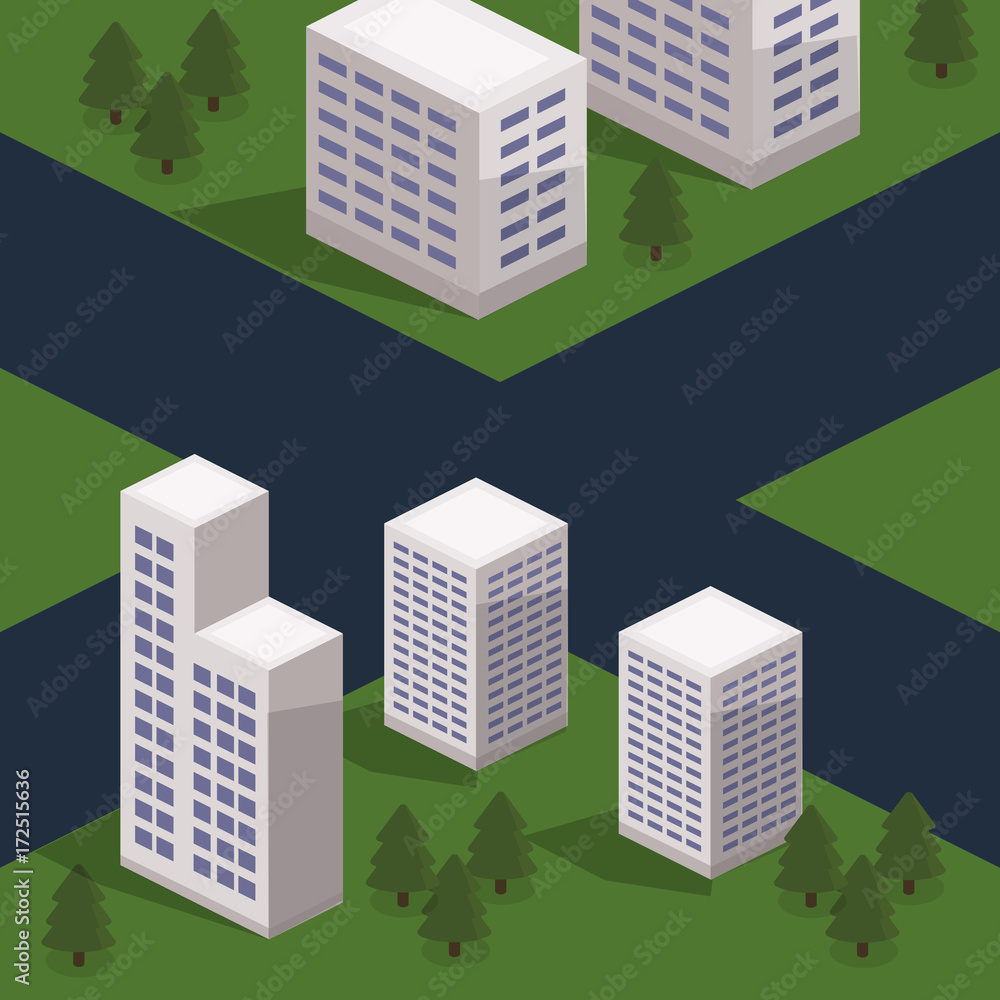 Isometric 3D vector illustration concept city intersection. Buildings on the corner. City road among houses.
