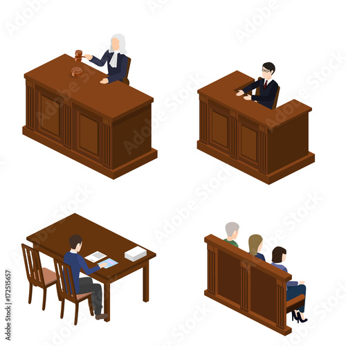 Isometric 3D vector illustration concept the judge conducts the trial. The lawyer protects the defendant. Hall of jury endure verdict