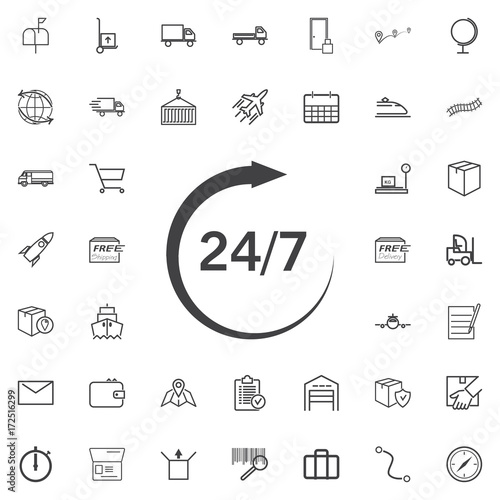 24 7 line icon logistics transportation parcel shipping delivery icons set Flat isolated on the white background. Vector illustration.Trendy style for graphic design logo