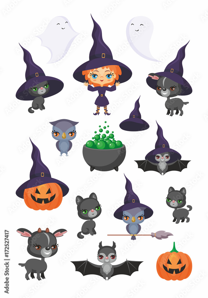 Witch, bat, owl, pumpkin, black cat, goat and other traditional elements of  Halloween. Vector set of characters and icons in cartoon style. Stock  Vector | Adobe Stock