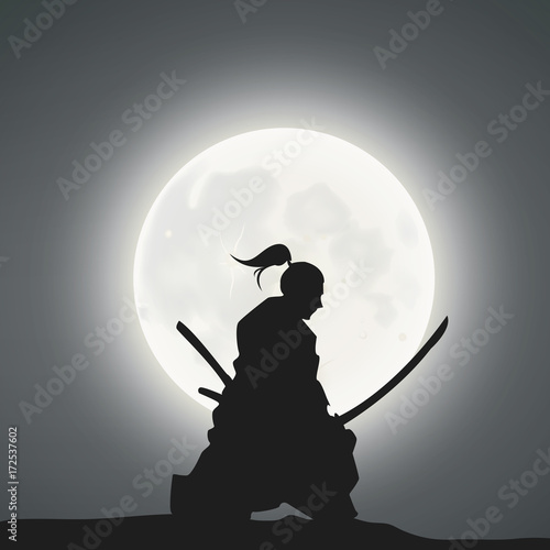 A Japanese Swordsman Under The Moonlight 