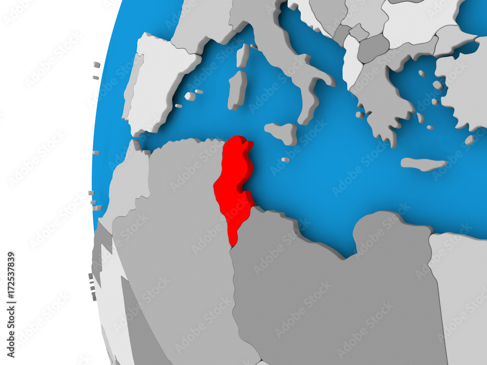 Map of Tunisia on political globe