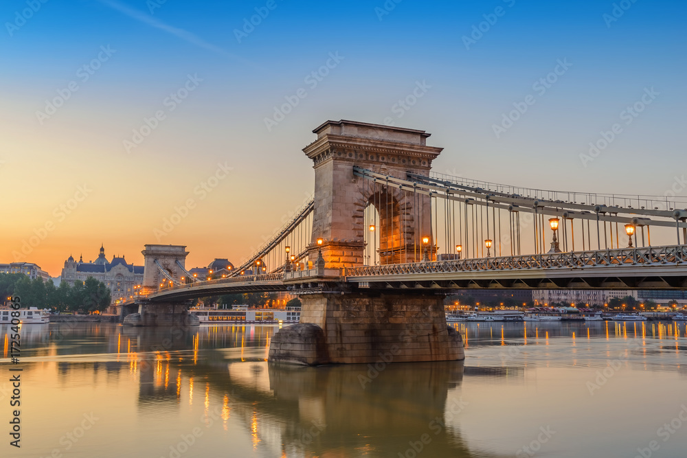 Budapest sunrise city skyline at Chain Bridge, Budapest, Hungary