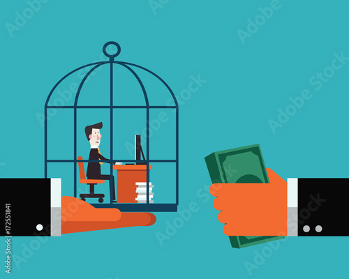 Boss sells his employee in a cage. Work under pressure, stressing situations, subordination, overwork and power abuse vector concept illustration