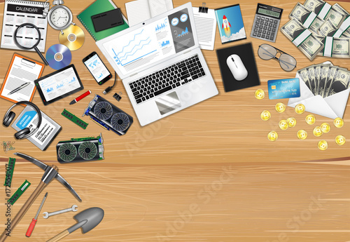 bitcoin mining workplace with object and tools