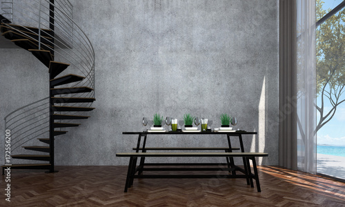 The interior design of dining room and sea view and concrete wall