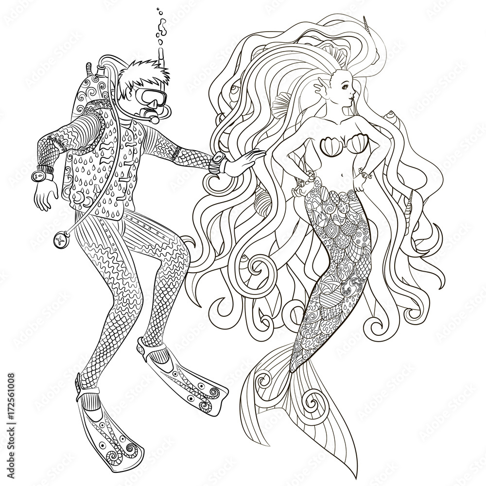 Fototapeta premium Underwater mermaid and diver in zentangle style.