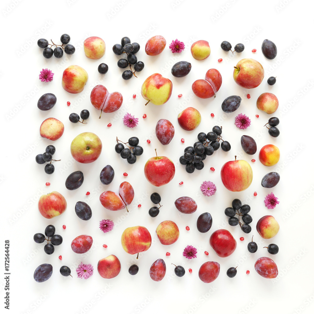 A composition of fruits in a square format on a white background. Pattern made from fresh fruits. Top view, flat design. Collage of plum, grapes, apples, flowers, nectarines. A composition of fruits in a square format on a white background. Pattern made from fresh fruits. Top view, flat design. Collage of plum, grapes, apples, flowers, nectarines.