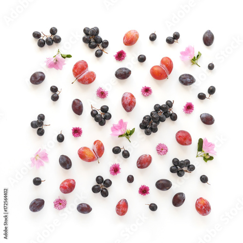 A composition of fruits in a square format on a white background. Pattern made from fresh fruits. Top view, flat design. Collage of plum, grapes, apples, flowers, nectarines.