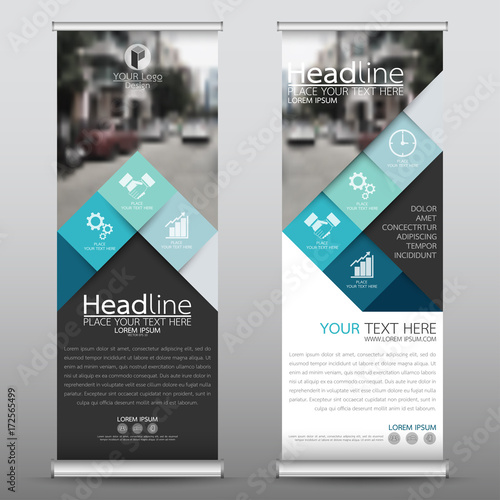 Roll up business banner design vertical template vector, cover presentation abstract geometric background, modern publication display and flag-banner, layout in rectangle size.