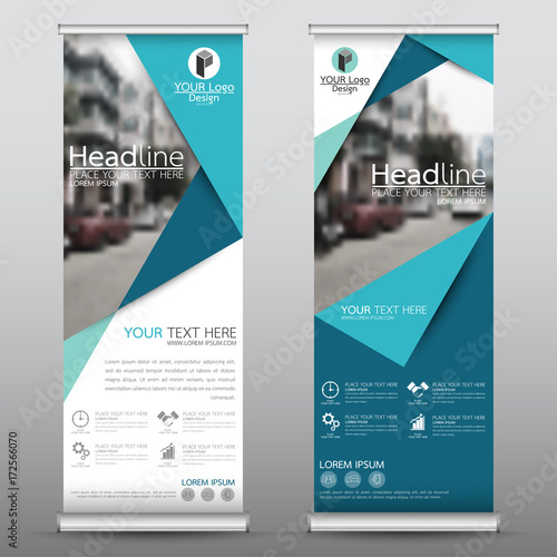 Roll up business banner design vertical template vector, cover presentation abstract geometric background, modern publication display and flag-banner, layout in rectangle size.