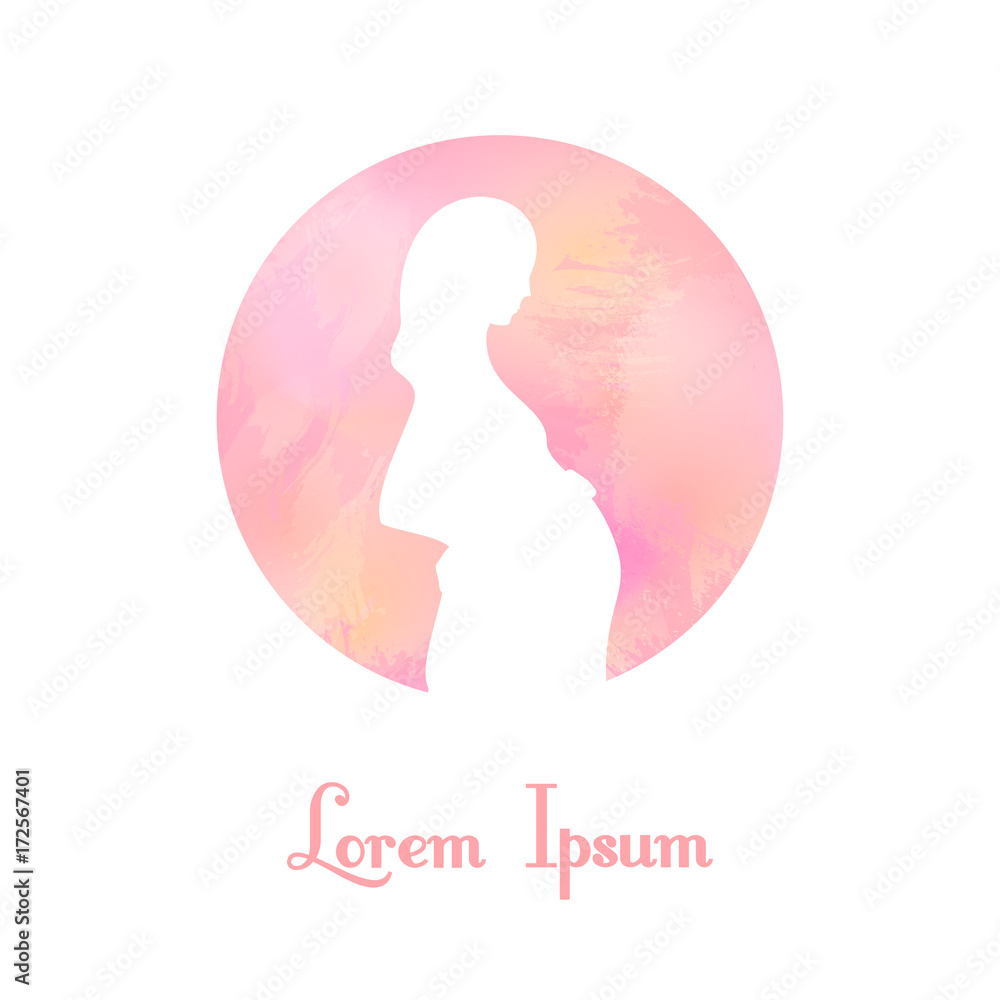 White silhouette of pregnant woman. Expecting mother. Infographics advertising banner poster menu template. Pink watercolor circle background. Vector illustration. White silhouette of pregnant woman. Expecting mother. Infographics advertising banner poster menu template. Pink watercolor circle background. Vector illustration.