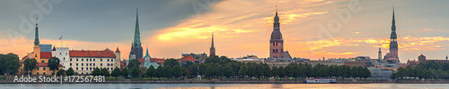 Panoramic view on old Riga city. Riga is the capital of Latvia and famous Baltic city widely known among tourists due to its unique medieval and Gothic architecture 